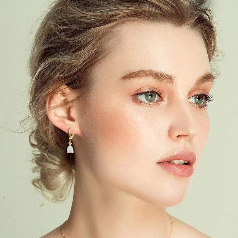 CiNily Small Gold Dangle Earrings Opal Leverback Drop Earrings for Women 14K Yellow Gold Plated Teardrop Gemstone Earrings - Image 5
